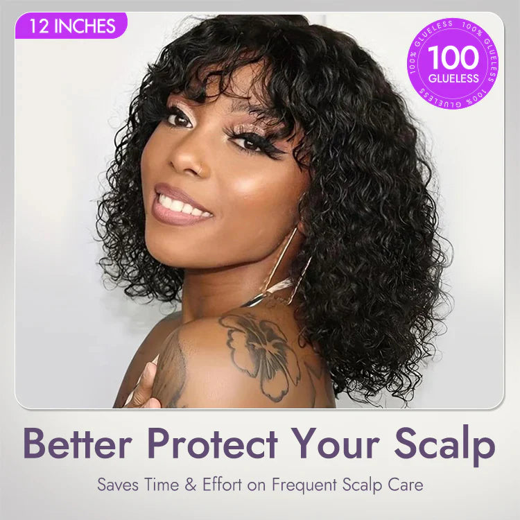 Short Curly Human Hair Minimalist Lace Wear Go Glueless Water Wave Bob Wig with Bangs Natural Black Beginner Friendly