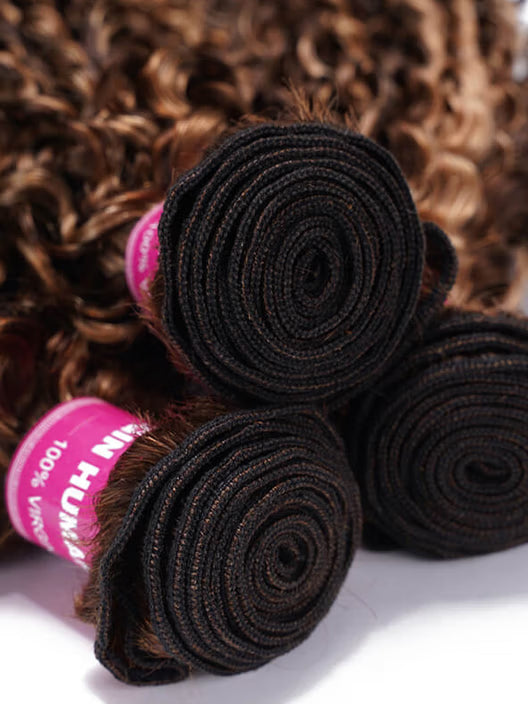 Curly Hair With Blonde Highlight Human Hair Weft (One Bundle)