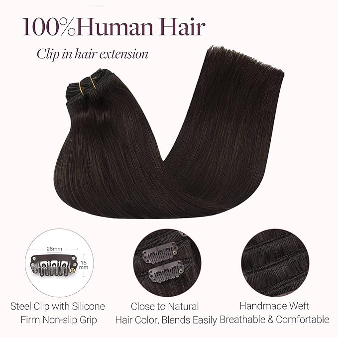 Clip in Hair Extensions Real Human Hair for Women Dark Brown