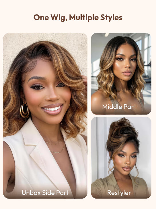 7x5 and 13x4 Glueless French Bob Style Human Hair with HD Lace Pre Everything Chocolate Brown Highlight Wig Soft Barrel Curls Wear and Go for Beginners 10Inch