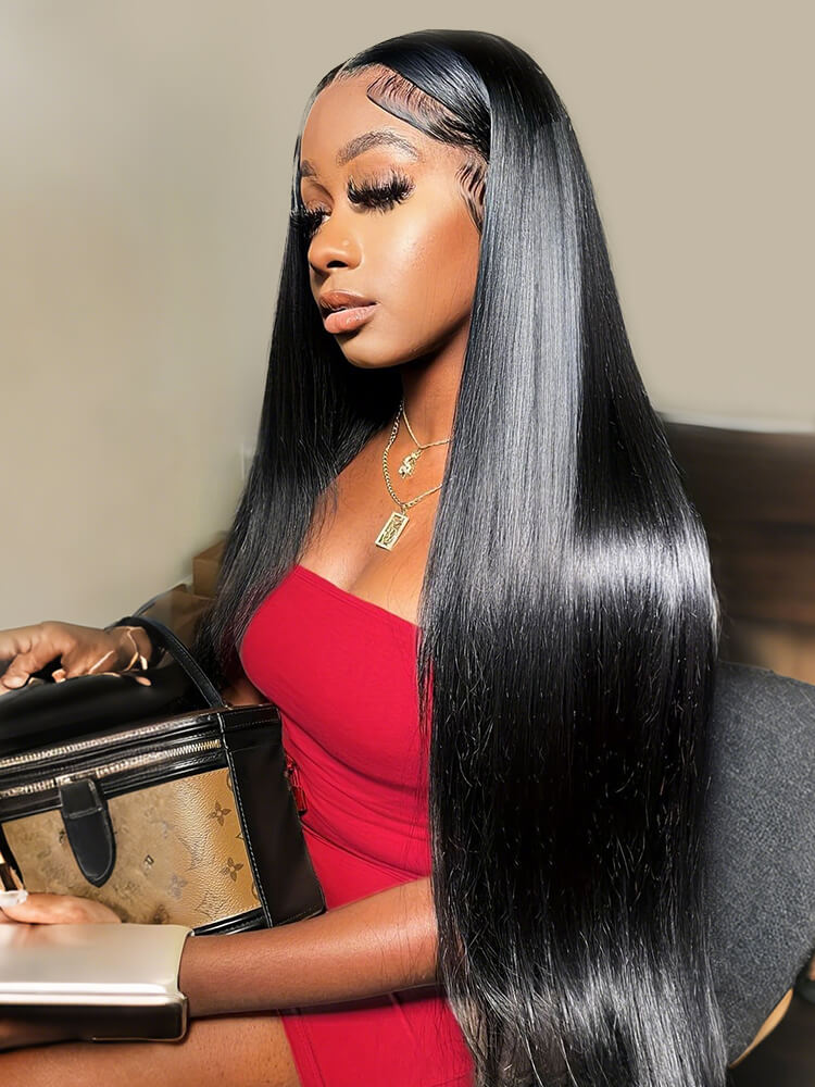 Luxury Custom Straight Wigs Transparent Lace Glueless 100% Human Hair Lace Front Wigs Natural Black