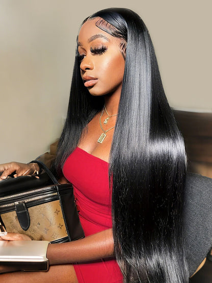 Luxury Custom Straight Wigs Transparent Lace Glueless 100% Human Hair Lace Front Wigs Natural Black