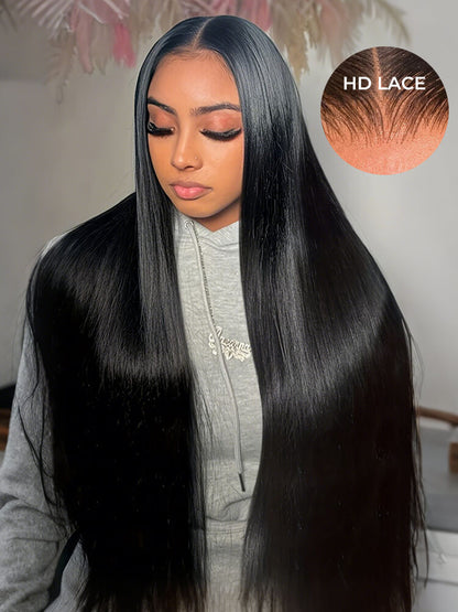 Luxury Custom Straight Wigs Transparent Lace Glueless 100% Human Hair Lace Front Wigs Natural Black