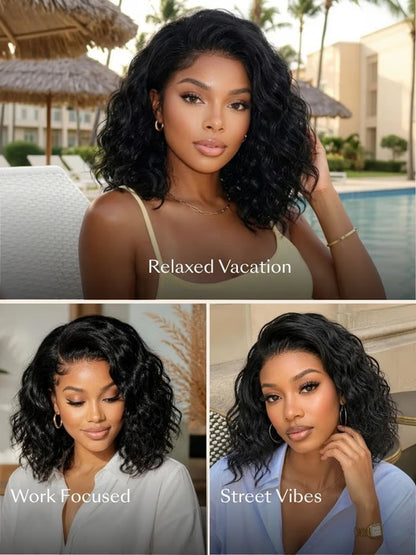 6X4 Glueless Lace "C" Side Part Water Wave Bob Wig 220% Density Drawstring Ready To Wear Short Curly Friendly For Beginners