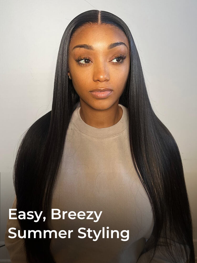 Yaki Straight 13x4/6x5 Glueless Lace Wig Pre-cut Lace Put On and Go Natural Black Beginner Friendly 150% Density