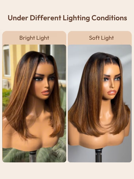 Caramel Highlights On Blonde 7x5 Pre Cut Lace Straight Blunt Bob Hair Wig With Dark Roots Glueless Human Hair Beginner Friendly