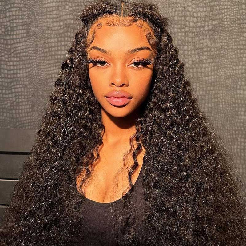 360 Full Lace Glueless Deep Wave Wig Invisi Drawstring Natural Black Pull & Go 180% Density Human Hair