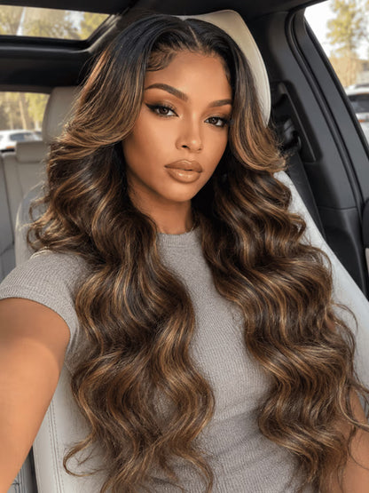 Balayage Highlight Glueless Body Wave 7x5 / 13x4 Lace Front Human Hair Wigs with Invisi Drawstring Put On and Go