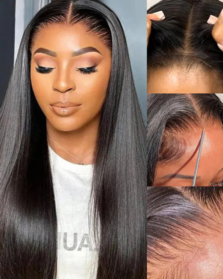 Yaki Straight 13x4/6x5 Glueless Lace Wig Pre-cut Lace Put On and Go Natural Black Beginner Friendly 150% Density