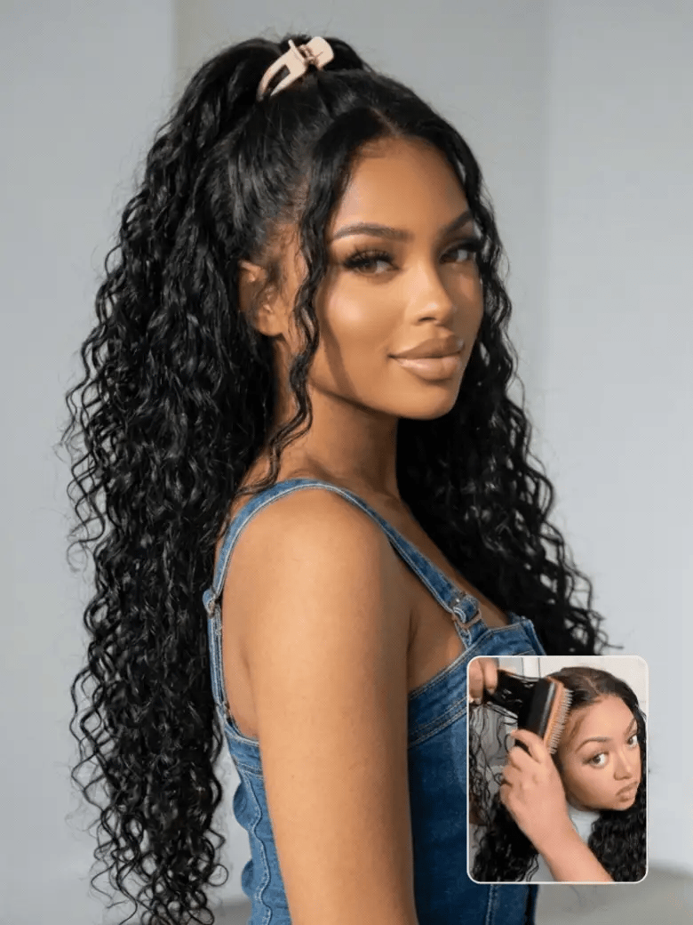 7x5 Glueless Wig Pre Cut 180% Density Wet And Wavy Water Wave Natural Black Invisible Knots Lace Frontal Wig Put On and Go