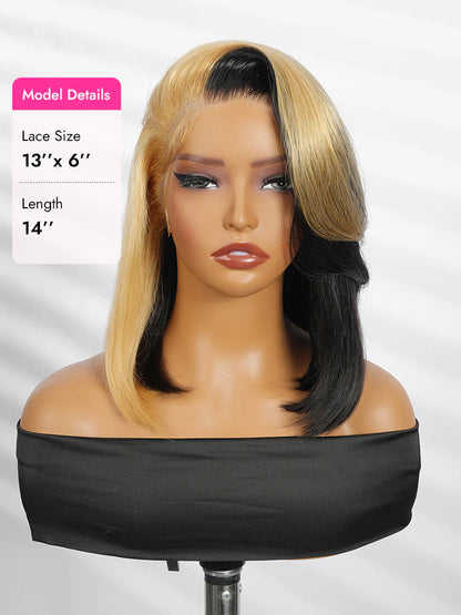 Honey Blonde Short Bob  Straight Wigs Face Framing  Skunk Stripe 13x6 Lace Frontal Ready To Go Wigs