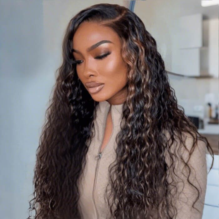 7x5 Pre Cut Glueless Golden Brown Highlights Water Wave Bye Bye Knots Lace Closure Wig 150% Density