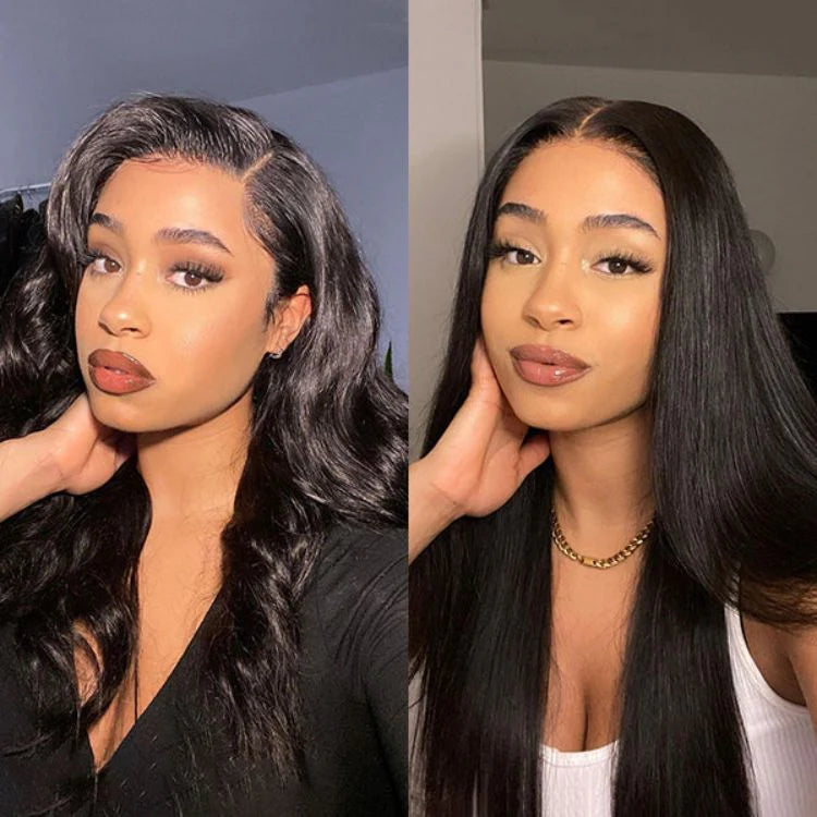Short Bob Human Hair Wear Go Wig Glueless 13x4 Lace Front Pre-Plucked Body Wave Ocean Wave 180% Density - Natural Color (10 Inch)