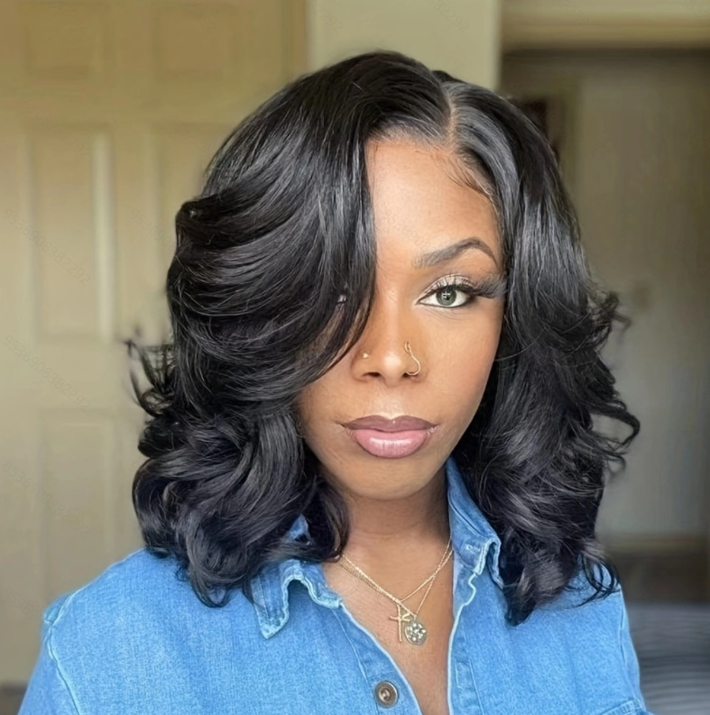 Short Bob Human Hair Wear Go Wig Glueless 13x4 Lace Front Pre-Plucked Body Wave Ocean Wave 180% Density - Natural Color (10 Inch)