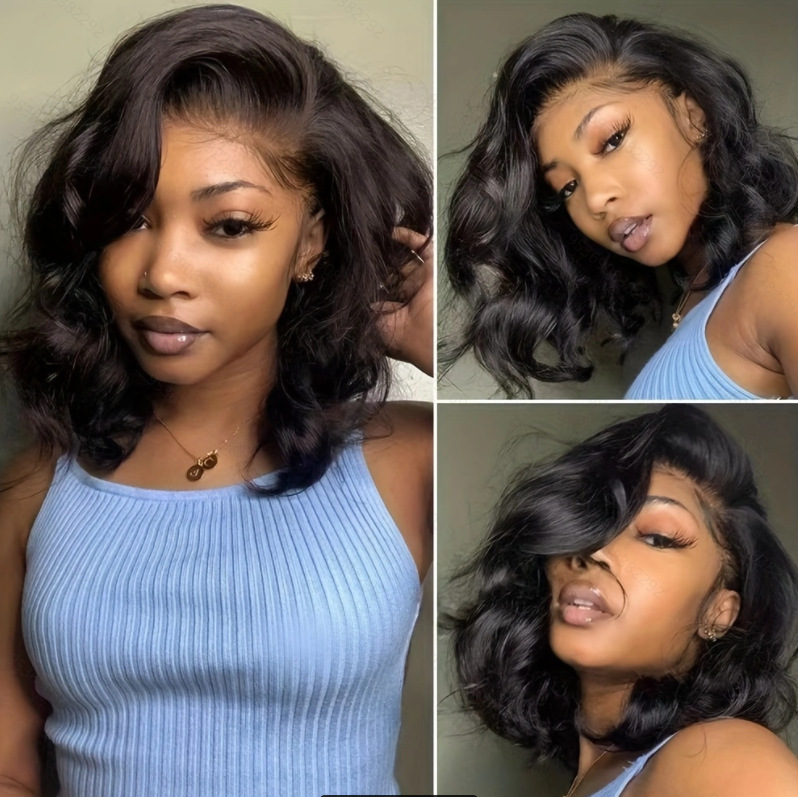 Short Bob Human Hair Wear Go Wig Glueless 13x4 Lace Front Pre-Plucked Body Wave Ocean Wave 180% Density - Natural Color (10 Inch)