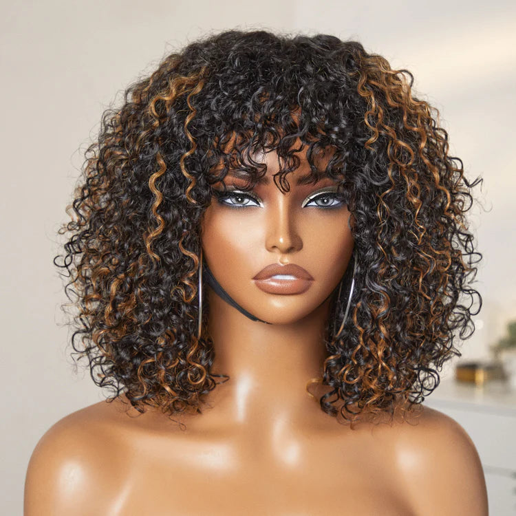 Short Curly Human Hair Minimalist Lace Wear Go Glueless Water Wave Bob Wig with Bangs Natural Black Beginner Friendly