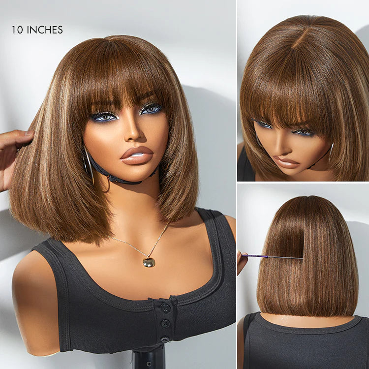 Black Brown Highlight Layered Cut Yaki Straight Short Bob Wigs Put On and Go Wig with Bangs Human Hair Wigs