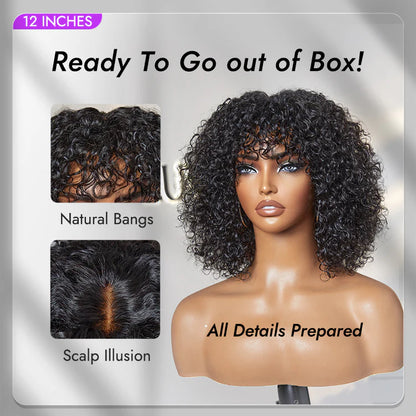Short Curly Human Hair Minimalist Lace Wear Go Glueless Water Wave Bob Wig with Bangs Natural Black Beginner Friendly