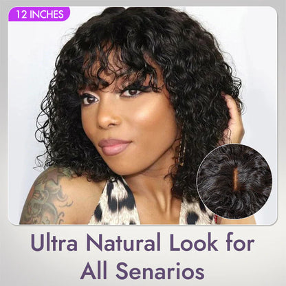 Short Curly Human Hair Minimalist Lace Wear Go Glueless Water Wave Bob Wig with Bangs Natural Black Beginner Friendly
