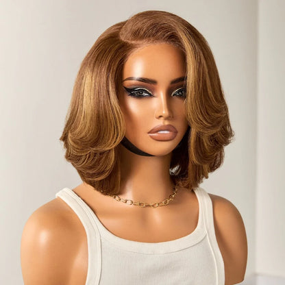 Blonde Highlight Short Layered Bob Wig Wear Go Glueless 13x4 Lace Front Pre-Cut Human Hair Wig