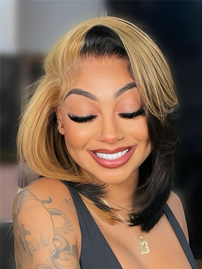 Honey Blonde Short Bob  Straight Wigs Face Framing  Skunk Stripe 13x6 Lace Frontal Ready To Go Wigs
