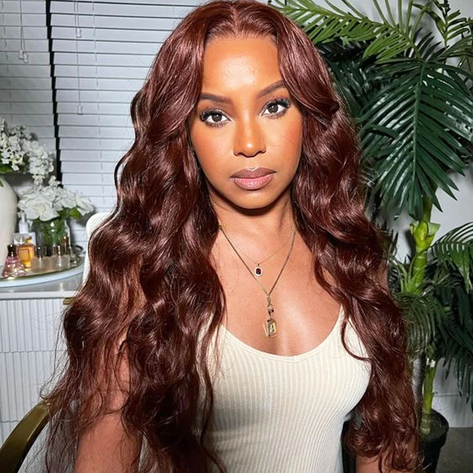 Body Wave Put On and Go Glueless Wigs 150% Density Reddish Brown 7x5 Pre-Cut Lace Wigs with Natural Hairline