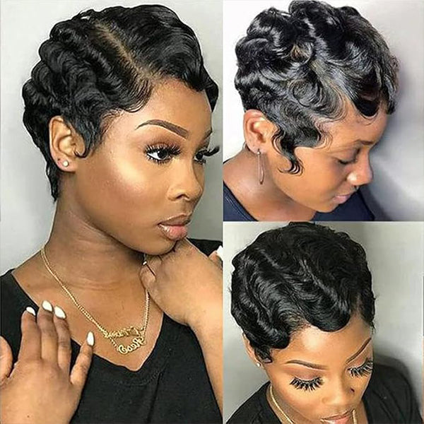 Modern Show Short Mommy Curly Hair Wig Finger Wave Human Hair Wear Go Wigs Guleless Remi Pixie Cut Wig Pre Plucked 150% Density On Sale