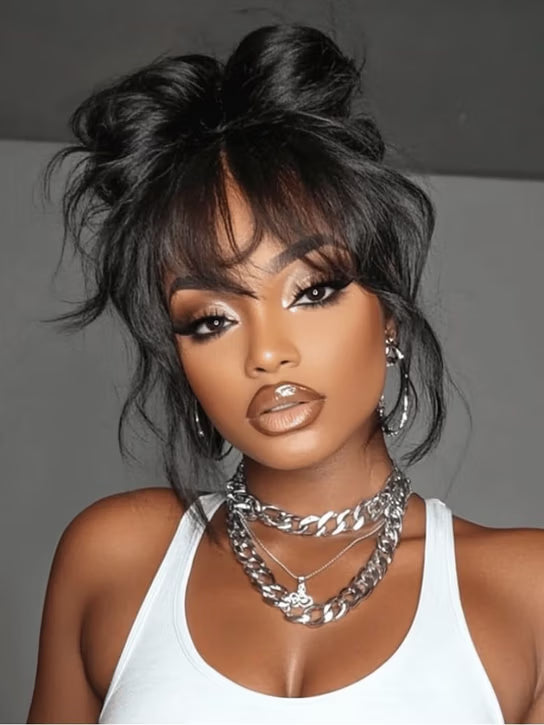 Boohair 7x5 Bye Bye Knots 13x4 Lace Fluffy Loose Body Wave Lace Frontal Wig with Bangs Pre everything Put On and Go Human Hair Glueless  Wigs 180% Density