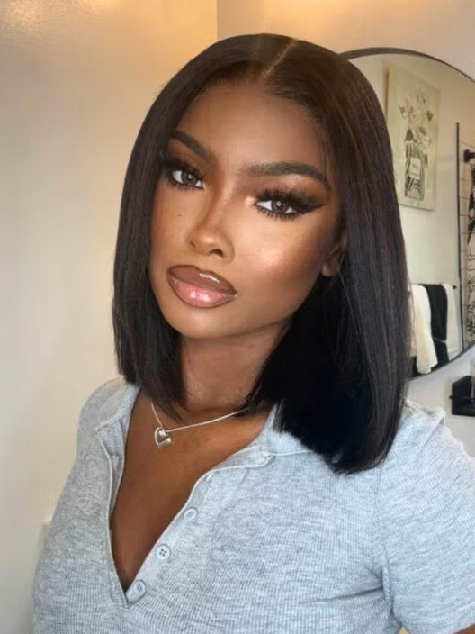 7x5 Glueless Lace Natural Black Yaki Straight Hair Pre Layered Short Bob Bleached Knots Drawstring Wig Beginner Friendly