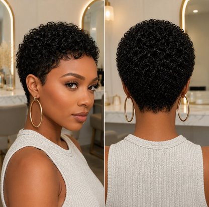 Natural Edges - Pixie Cut Short Kinky Curly Glueless Invisible Swiss Lace Wig Human Hair with HD Lace