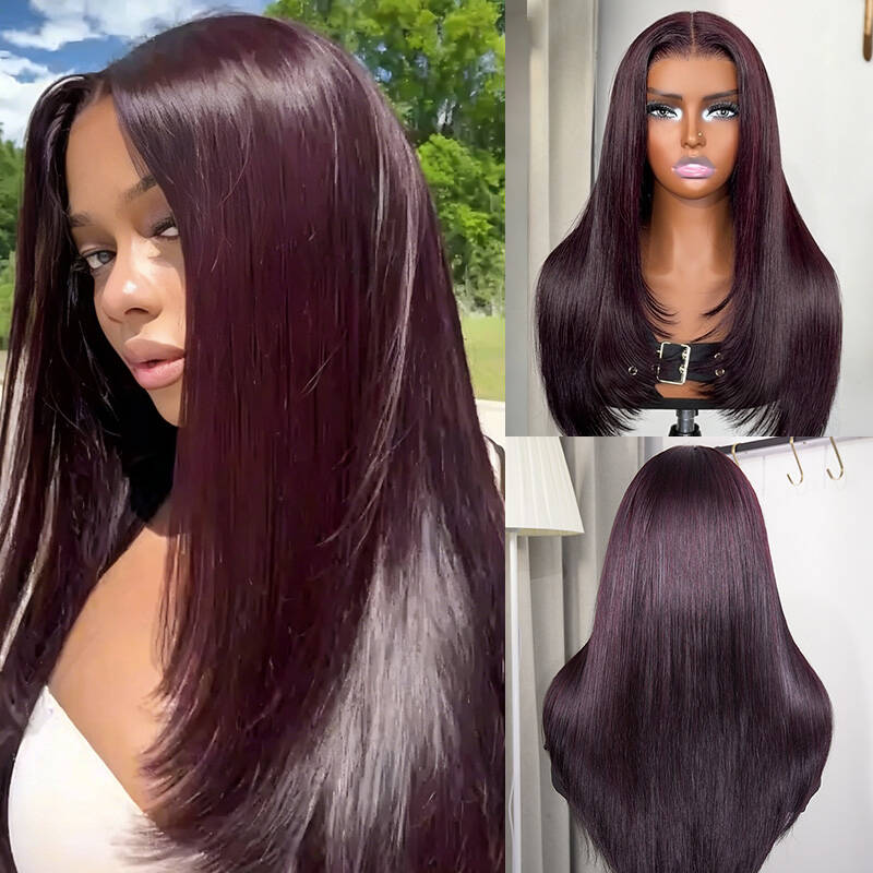 Layer Cut  Blackcurrant Brunette 7x5 Lace Wear Go Glueless Human Hair Layered Straight Wig Dark Burgundy