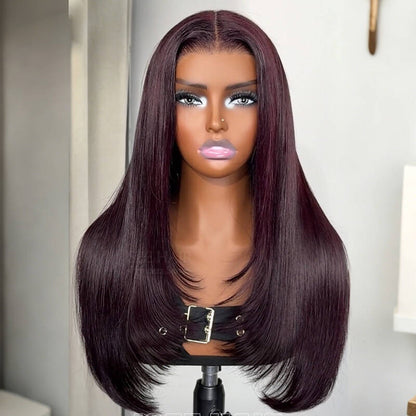 Layer Cut  Blackcurrant Brunette 7x5 Lace Wear Go Glueless Human Hair Layered Straight Wig Dark Burgundy