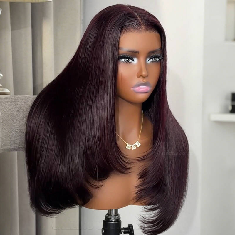 Layer Cut  Blackcurrant Brunette 7x5 Lace Wear Go Glueless Human Hair Layered Straight Wig Dark Burgundy
