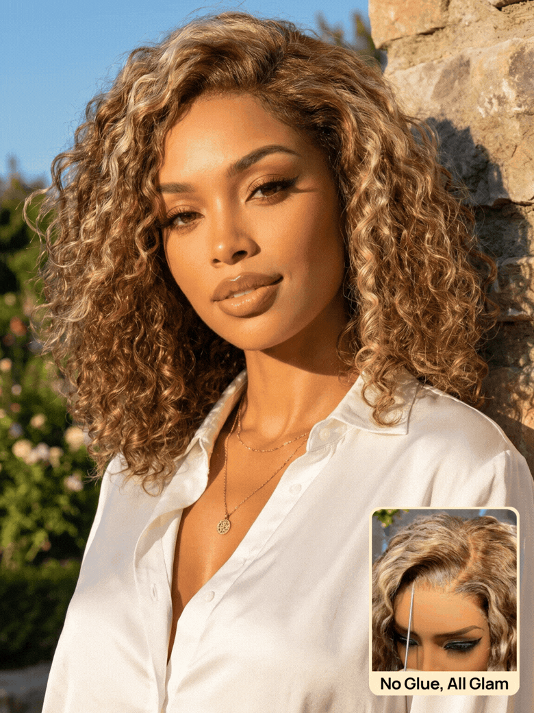 Honey Blonde Highlights Sun-kissed Hair 7x5 Pre Cut Shoulder-length Glueless Curly Bob Wig Put On and Go 180% Density