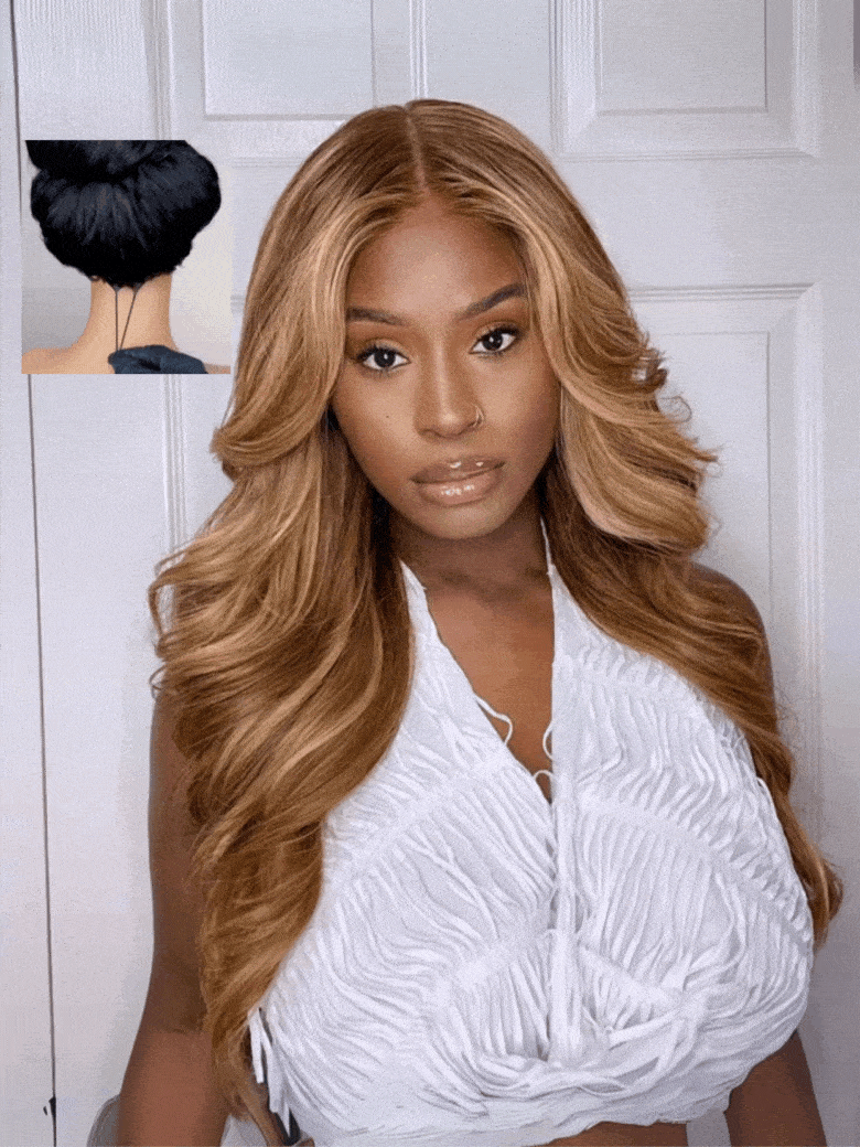 7x5 Bye-Bye Knots Glueless Wig Pre-Cut Lace Honey Blonde Body Wave With Bleached Clean Knots Ombre Highlight Color 150% Density
