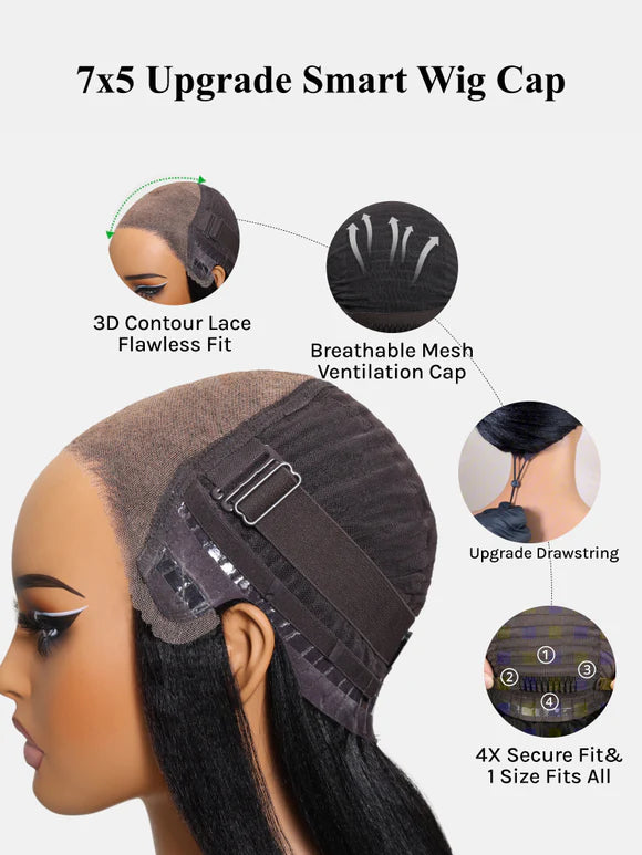 7x5 Glueless Wig Pre Cut 180% Density Wet And Wavy Water Wave Natural Black Invisible Knots Lace Frontal Wig Put On and Go