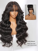 Boohair 7x5 Bye Bye Knots 13x4 Lace Fluffy Loose Body Wave Lace Frontal Wig with Bangs Pre everything Put On and Go Human Hair Glueless  Wigs 180% Density