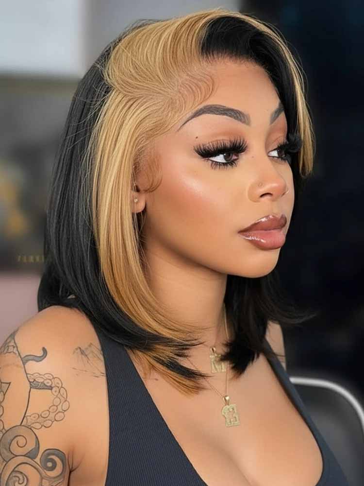 Honey Blonde Short Bob  Straight Wigs Face Framing  Skunk Stripe 13x6 Lace Frontal Ready To Go Wigs