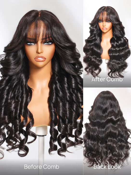 Pre-Everything 7x5/13x4 Lace Frontal Loose Wave Wigs with Bangs-Fluffy Hair 3D Dome Cap Put on and Go Glueless Human Hair