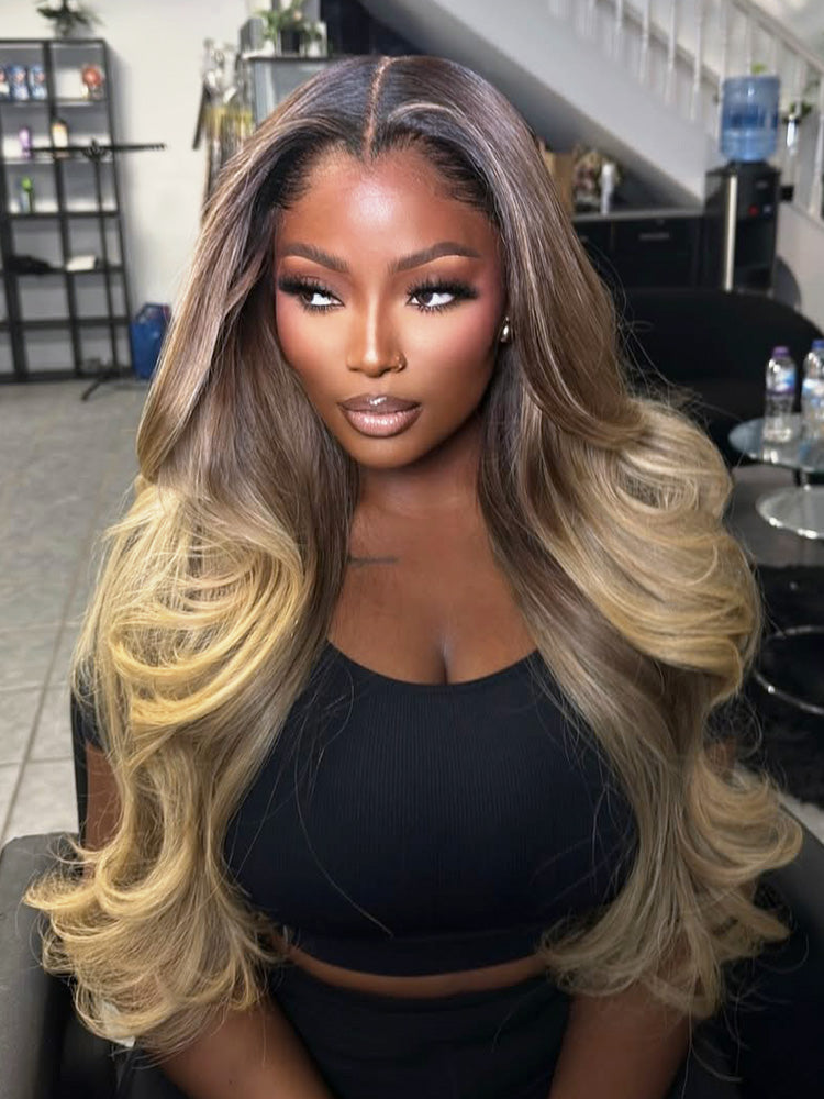 Ready To Go Wigs Loose Body Transparent Lace Front Wig Ash Brown Ombre Blonde Colored Human Hair