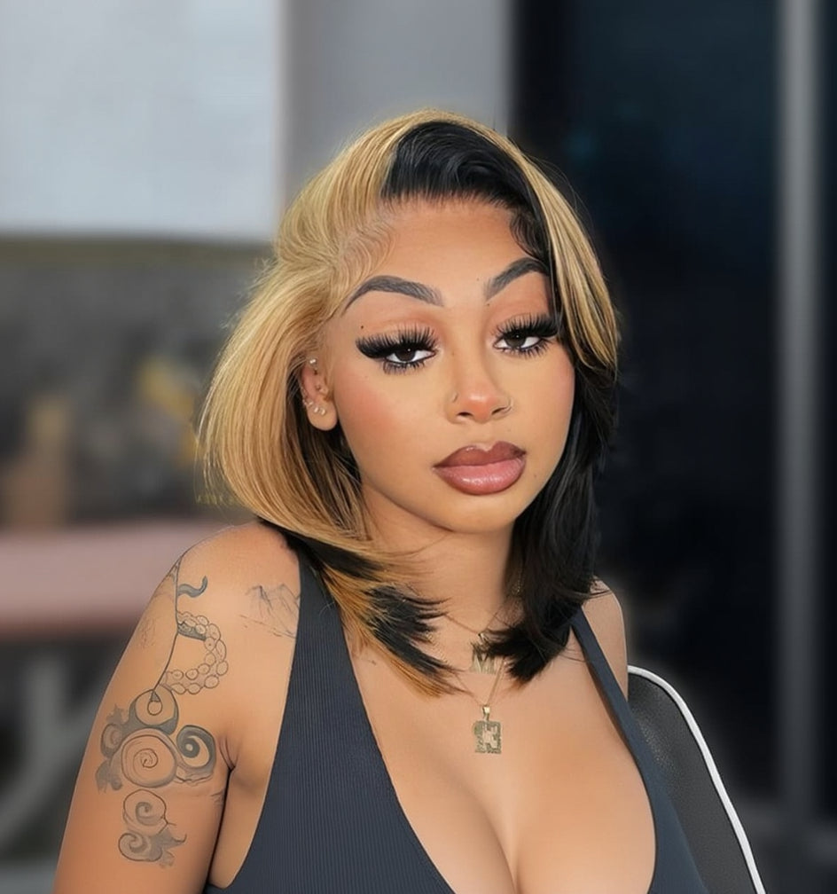Honey Blonde Short Bob  Straight Wigs Face Framing  Skunk Stripe 13x6 Lace Frontal Ready To Go Wigs