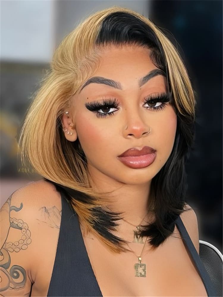 Honey Blonde Short Bob  Straight Wigs Face Framing  Skunk Stripe 13x6 Lace Frontal Ready To Go Wigs