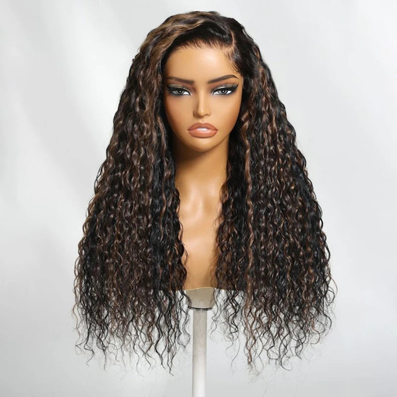 7x5 Pre Cut Glueless Golden Brown Highlights Water Wave Bye Bye Knots Lace Closure Wig 150% Density