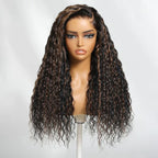 7x5 Pre Cut Glueless Golden Brown Highlights Water Wave Bye Bye Knots Lace Closure Wig 150% Density