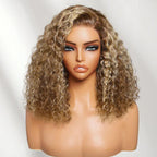 7x5 Pre Cut Honey Blonde Highlights Sun-kissed Hair Shoulder-length Glueless Curly Bob Wig Put On and Go 180% Density