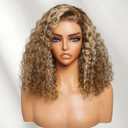7x5 Pre Cut Honey Blonde Highlights Sun-kissed Hair Shoulder-length Glueless Curly Bob Wig Put On and Go 180% Density