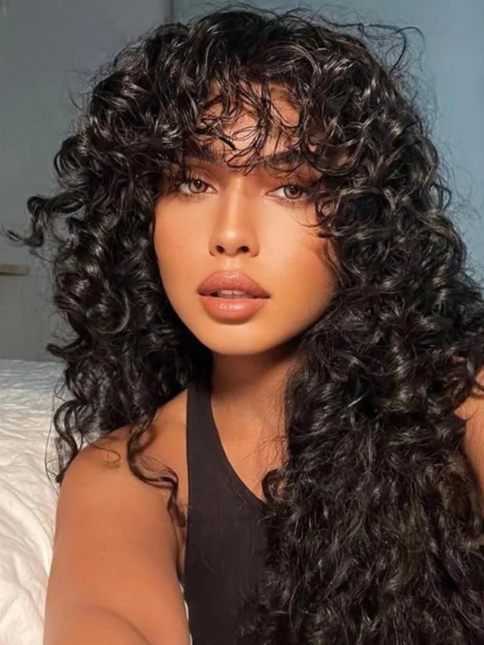 Curly Wave Wig With Bangs Natural Color Human Hair Glueless Wigs Low-Maintenance Wear Go