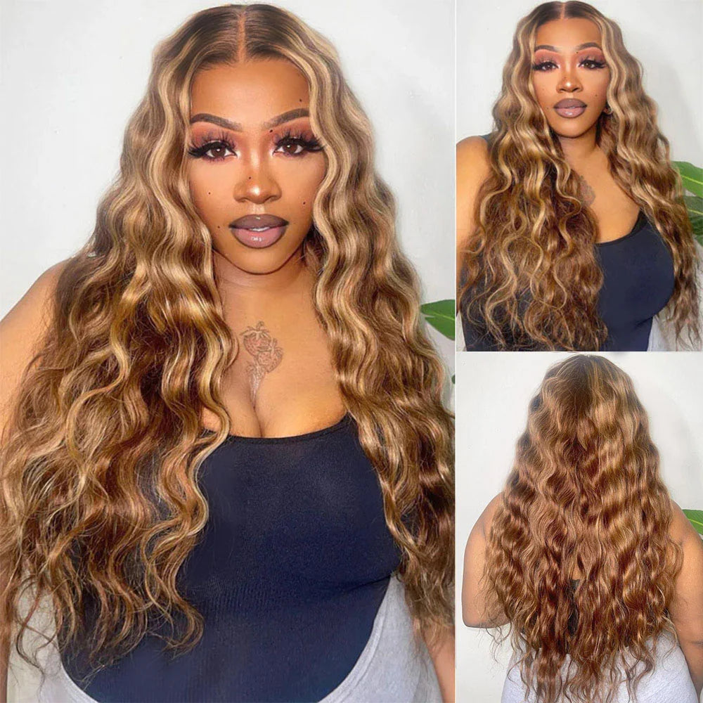 13x6 Three-Go™ Bohemian Natural Curl Highlight Honey Blonde Glueless Wigs With Drawstring 100% Human Hair Wig