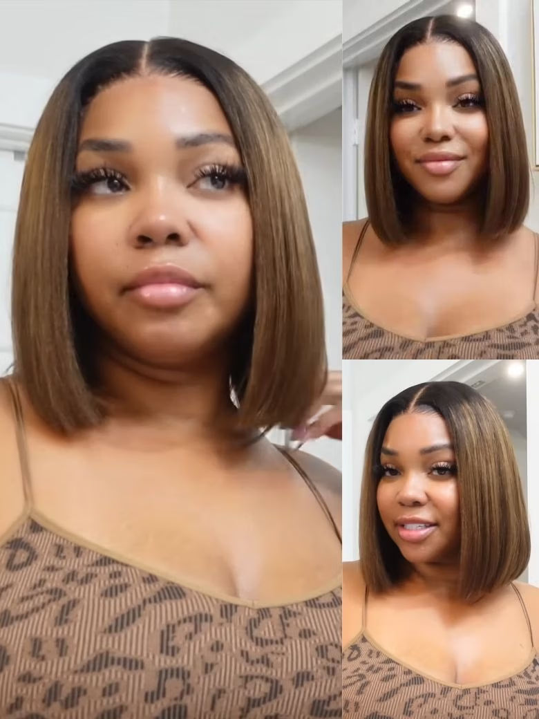 7x5 Bye-Bye Knots Ombre Chestnut Brown Put On and Go Yaki Bob Straight Lace Wig Glueless Human Hair Wigs with Invisi Drawstring