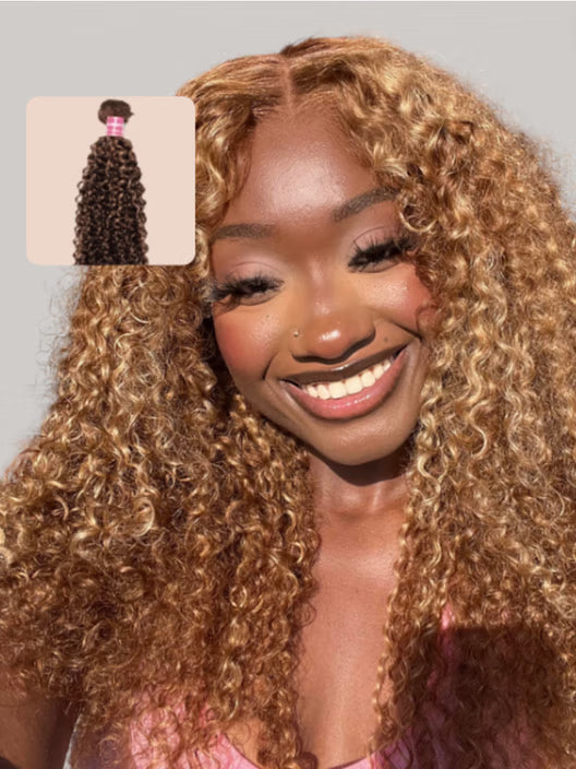 Curly Hair With Blonde Highlight Human Hair Weft (One Bundle)